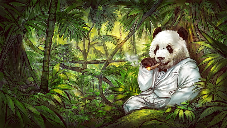الباندا يرتدي سترة بدلة تدخين التبغ خلفية رقمية ، باندا ، غابة ، سيجار ، سهرة، خلفية HD