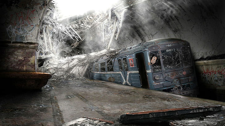 Apokalyptisch, Zerstörung, Verlassen, Bus, abgestürzter blauer Zug, apokalyptisch, Zerstörung, verlassen, Bus, HD-Hintergrundbild