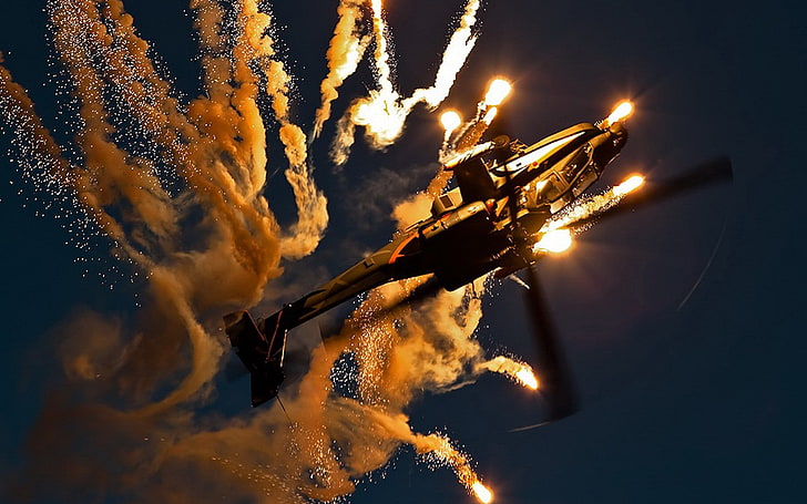 Boeing Apache AH 64D, bengalas, helicópteros, Fondo de pantalla HD