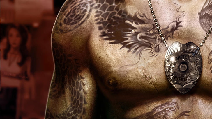 orang dengan tato tubuh naga mengenakan kalung pedant berwarna perak, video game, Sleeping Dogs, tattoo, Wallpaper HD
