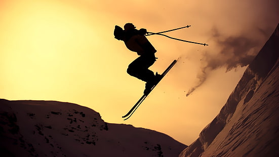 silhouette of person skiing, mountain skiing, jump, silhouette, extreme, snow, HD wallpaper HD wallpaper