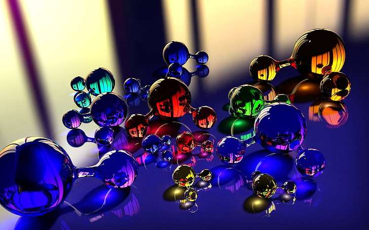 grânulos de cores sortidas, bolas, molécula, massageador, vidro, reflexão, cor, HD papel de parede