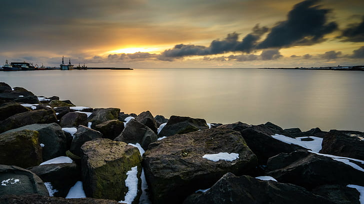 body of water and black stones photography, seconds, sunset, body of water, black stones, photography, iceland, landscape, ILCE-7R, long exposure, lee, seascape, little, stopper, explored, sea, harbor, HD wallpaper