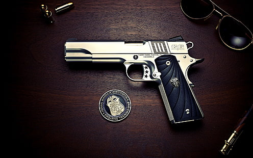 Gun, Bullets, Colt, Glasses, 1911 Colt, Officer's Pistol, HD wallpaper HD wallpaper