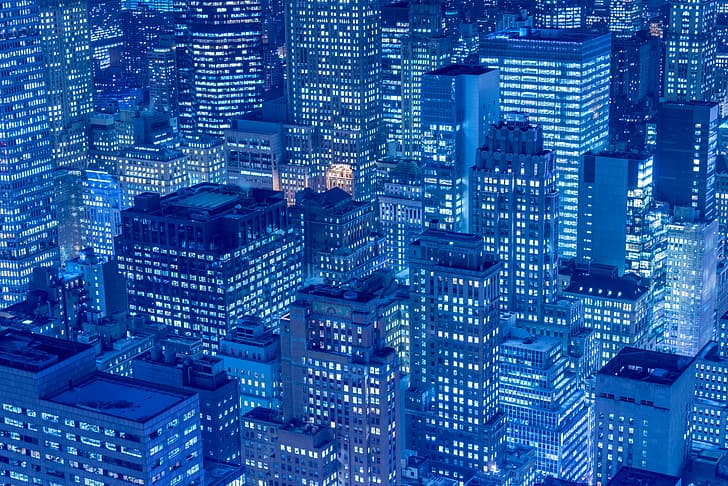 city, skyscraper, New York City, night, lights, blue, Manhattan, downtown, metropolis, architecture, town, building, evening, HD wallpaper