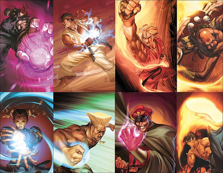 Wallpaper digital karakter Street Fighter, Ryu (Street Fighter), Street Fighter, kolase, video game, Chun-Li, ken (streetfighter), M. bison, Guile (karakter), Akuma, Dhalsim, Wallpaper HD