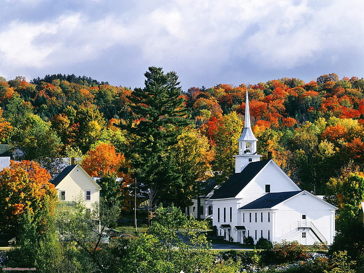 gereja putih dan hitam, bangunan, bukit, musim gugur, pohon, Wallpaper HD