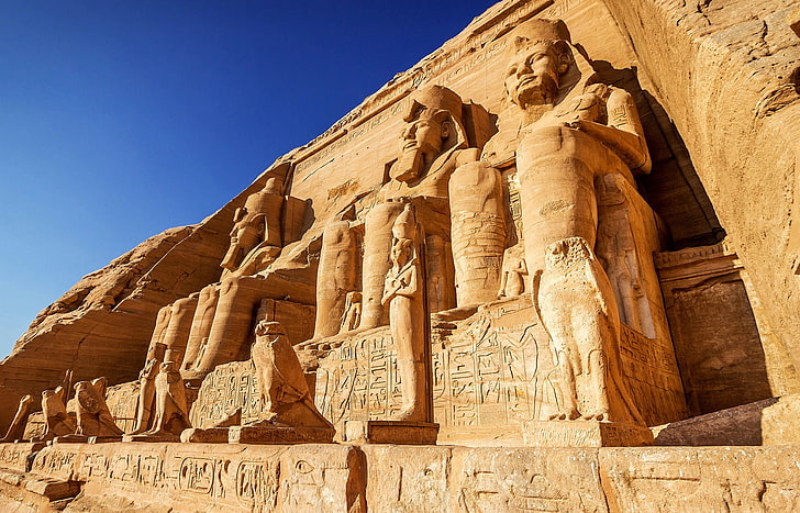 Estatua egipcia, El cielo, Roca, Templo, Egipto, Cielo, estatuas, Antigua, Abu Simbel, Nubia, Fondo de pantalla HD