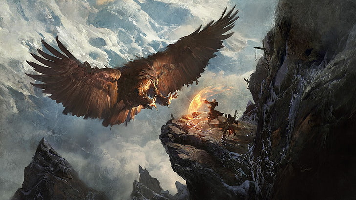 ilustrasi burung raksasa, karya seni, seni fantasi, elang, gunung, lukisan, Greg Rutkowski, Wallpaper HD