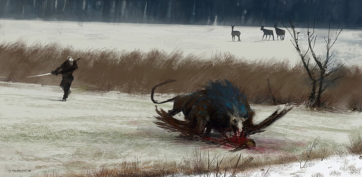 hombre matando bestia pintura, The Witcher, The Witcher 3: Wild Hunt, Fondo de pantalla HD