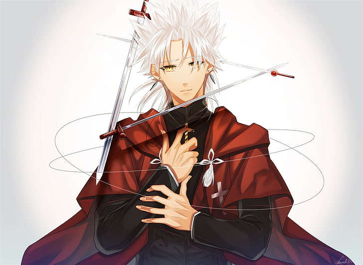 kotomine shirou, white hair, fate apocrypha, sword, coat, Anime, HD wallpaper