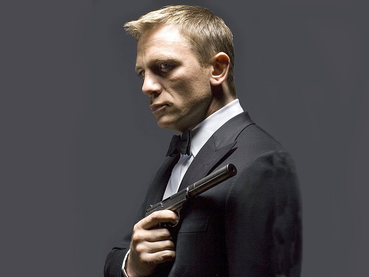 traje de solapa de pico negro para hombres, pistola, actor, Daniel Craig, silenciador, esmoquin, James Bond, agente 007, walther ppk, Fondo de pantalla HD