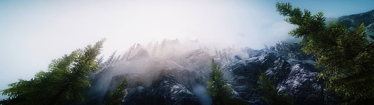 дървета и планински тапети, The Elder Scrolls V: Skyrim, множество дисплеи, пейзаж, сняг, планини, HD тапет