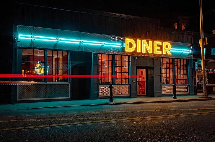 neon, neon lights, night, diner, HD wallpaper
