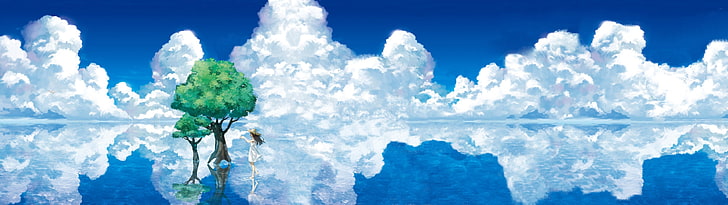 malerei von grünblättrigen baum und gewässer, himmel, wolken, bäume, reflexion, anime girls, anime, HD-Hintergrundbild