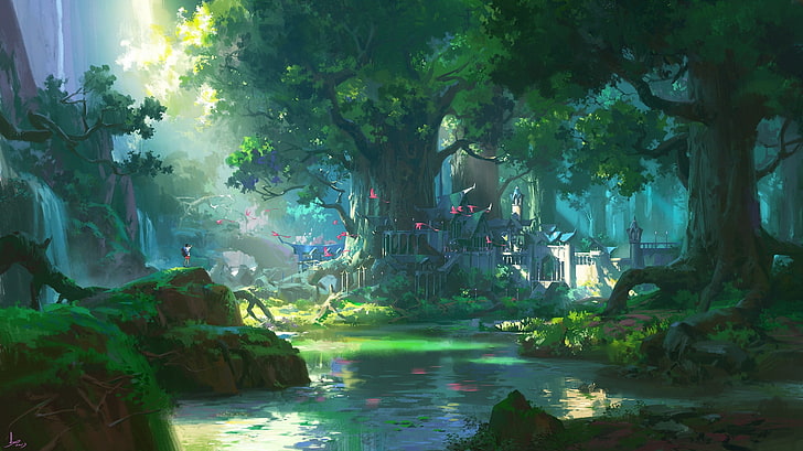 аниме пейзаж, лес, большие деревья, вода, листва, аниме мальчик, живописные, произведения искусства, аниме, HD обои