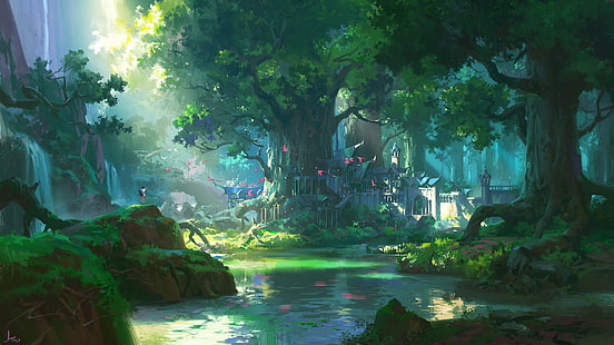 anime landskap, skog, stora träd, vatten, lövverk, anime pojke, natursköna, konstverk, Anime, HD tapet HD wallpaper