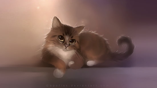 kahverengi ve beyaz kedi küçük resim, kedi, apofiss, çizim, sevimli kedi, HD masaüstü duvar kağıdı HD wallpaper