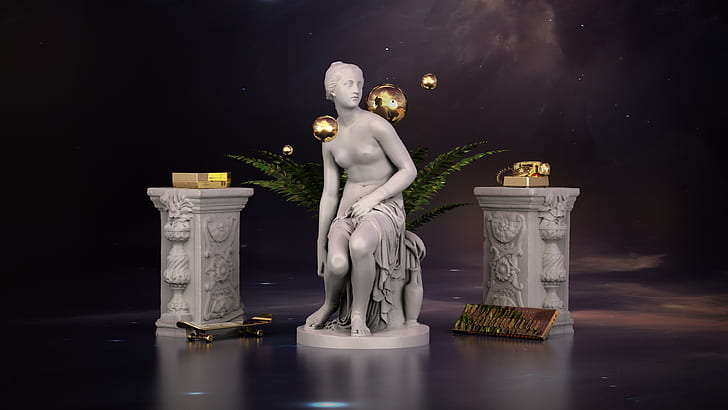 3d, Ferns, gold, Marble, Nintendo Entertainment System, Phone, Piano, skateboard, space, Statue, Synth, HD wallpaper