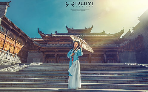 ханфу, азиатски, китайска архитектура, китайска рокля, жени, HD тапет HD wallpaper