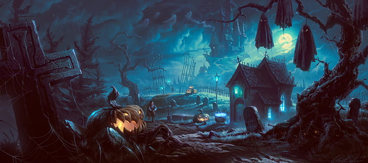 хэллоуин, кладбище, тыквы, вампир, заброшенный, фэнтези, HD обои