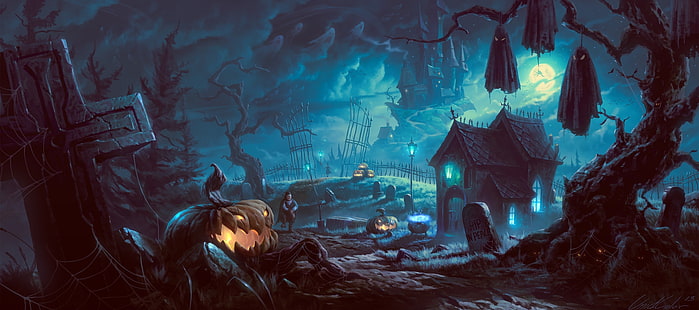 halloween, kyrkogård, pumpor, vampyr, övergiven, fantasi, HD tapet HD wallpaper