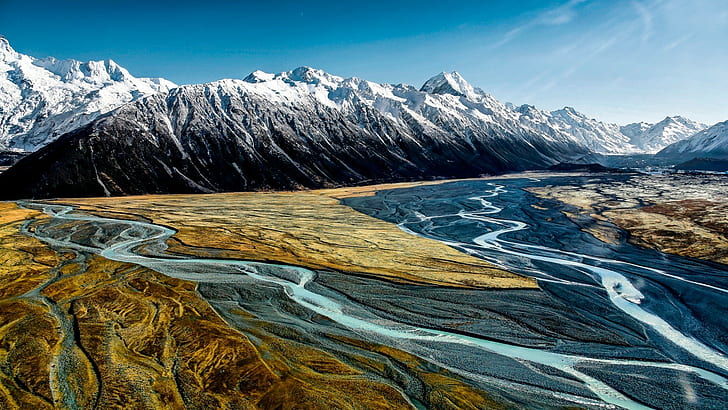 paisagem, Aoraki / Mount Cook, montanhas, Nova Zelândia, rio, vale, HD papel de parede