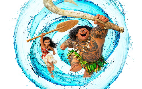 Ilustracja postaci Disneya Moana, woda, broń, kreskówka, tatuaż, dziewczyna, białe tło, plakat, Walt Disney, wiosło, Maui, Aborygen, Moana, Tapety HD HD wallpaper