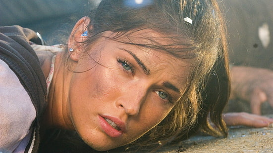 Megan Fox, Megan Fox, closeup, morena, olhos azuis, Transformers, HD papel de parede HD wallpaper