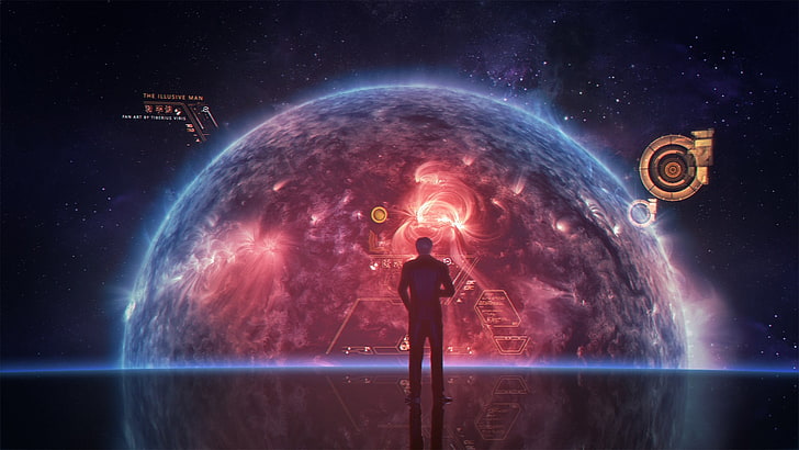 Hombre de pie cerca de la ilustración del globo, Mass Effect, videojuegos, Cerberus, Illusive Man, Fondo de pantalla HD