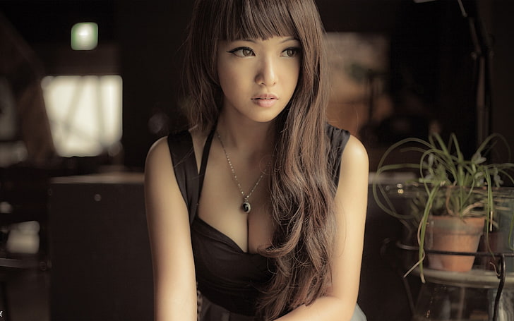 women's black scoop-neck sleeveless top, Japanese, Japanese women, women, HD wallpaper