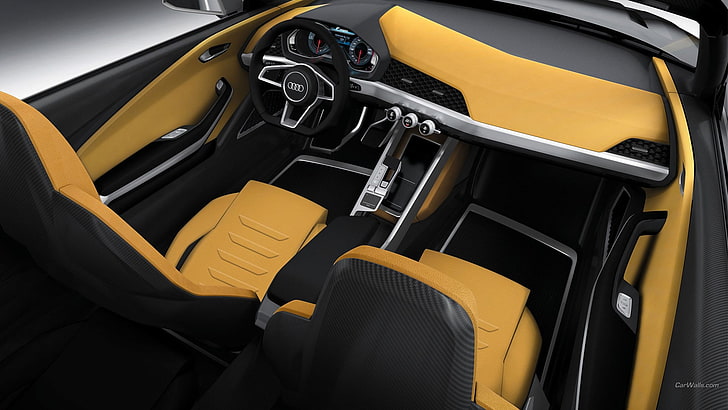 interior kendaraan hitam dan kuning, Audi Crossline, interior mobil, mobil, Audi, kendaraan, Wallpaper HD