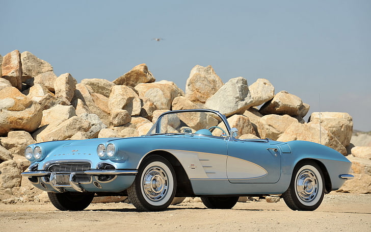 blue coupe, auto, retro, stones, 1953, convertible, classic, chevrolet, corvette c1, HD wallpaper