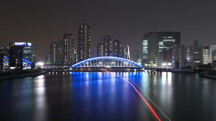cityscape, artificial lights, night, long exposure, bridge, HD wallpaper
