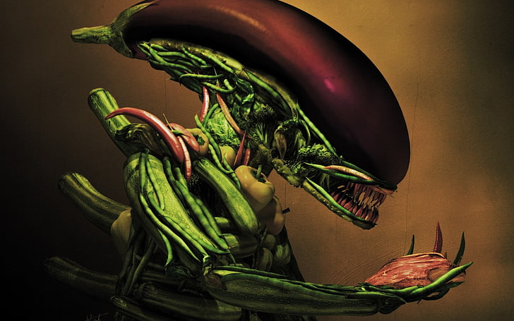 статуэтка зеленого и черного дракона, инопланетянин, овощи, HD обои