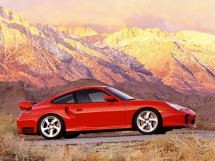 red coupe with spoiler, sunset, mountains, Red, HD wallpaper