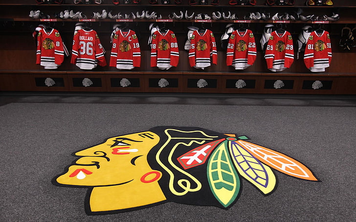 red hockey jersey lot, chicago blackhawks, hockey club, america, hockey, HD wallpaper