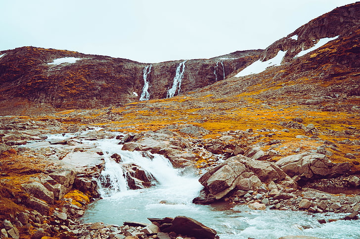 lago, paesaggio, fiume, caduta, cascata, montagne, Norvegia, Sfondo HD