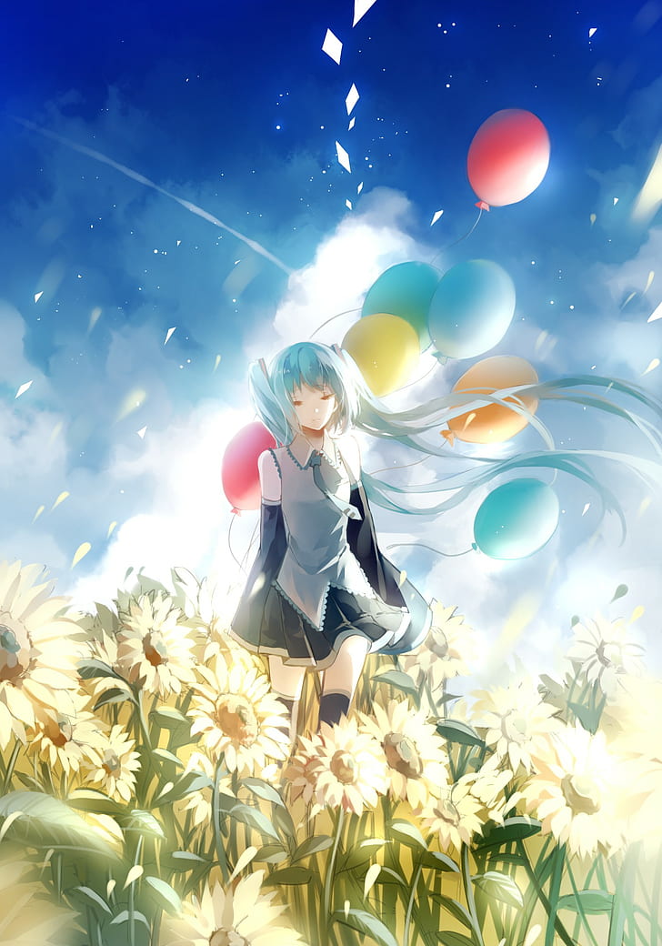 Vocaloid, Hatsune Miku, cheveux longs, twintails, ballon, fleurs, hauts de cuisse, cravates, jupe, pétales de fleurs, vent, ciel, nuages, filles anime, anime, Fond d'écran HD, fond d'écran de téléphone