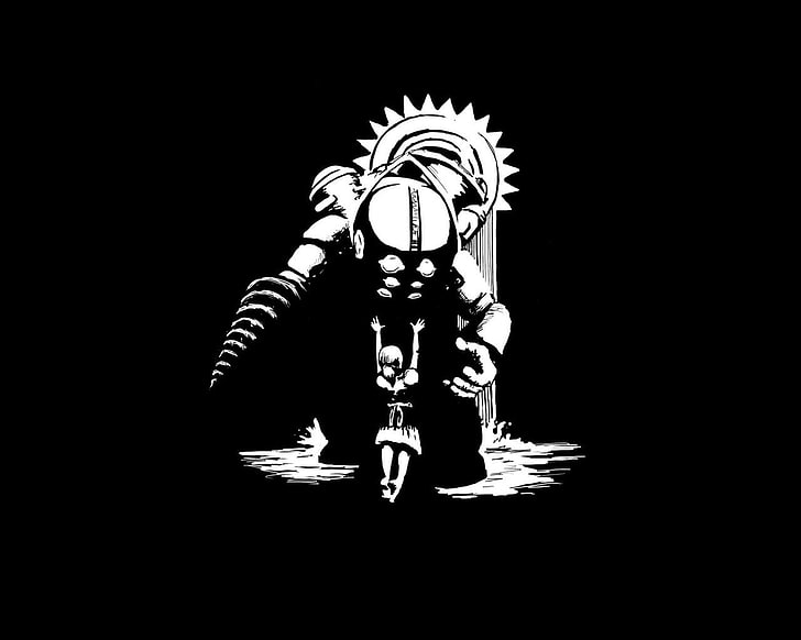 illustrazione in bianco e nero, BioShock, opera d'arte, monocromatico, videogiochi, minimalismo, Sfondo HD