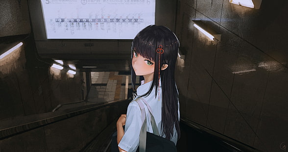 rambut hitam, eskalator, mata hijau, rambut panjang, seragam sekolah, stasiun kereta api, Persona 5, Wallpaper HD HD wallpaper