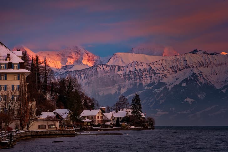 winter, snow, landscape, mountains, nature, home, Switzerland, lighting, Lake Thun, Thunersee, Samuel Hess, HD wallpaper