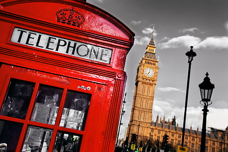 red telephone booth and Big Ben Tower, England, London, phone booth, Big Ben, telephone, HD wallpaper HD wallpaper