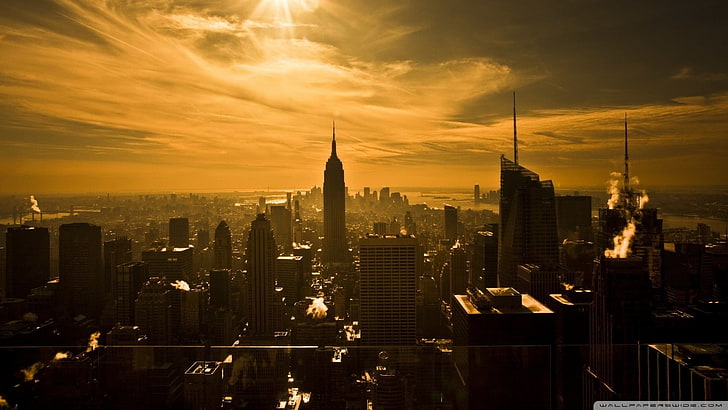 черно-белая настольная лампа, нью-йорк, раскрашенные фотографии, сепия, город, городской пейзаж, HD обои