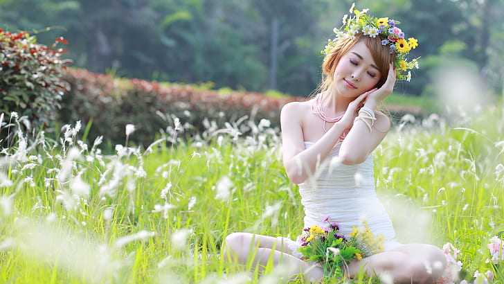 Women, Mood, Asian, Flower, Girl, Model, White Dress, Woman, Wreath, HD wallpaper