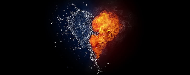 Вода и Сердце Пламени, сердце огонь и вода цифровые обои, Элементы, Огонь, Пламя, Сердце, Вода, HD обои