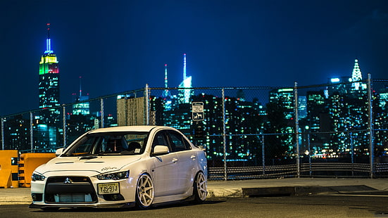 Mitsubishi Lancer Evolution Evo Night HD, бял седан, автомобили, нощ, еволюция, mitsubishi, evo, lancer, HD тапет HD wallpaper