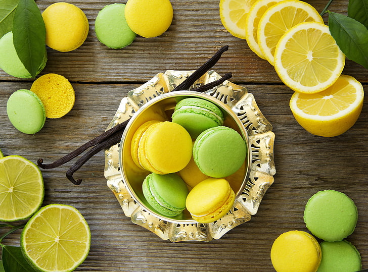 yellow and green maraccons, leaves, lemon, lime, cakes, sweet, macaroon, HD wallpaper