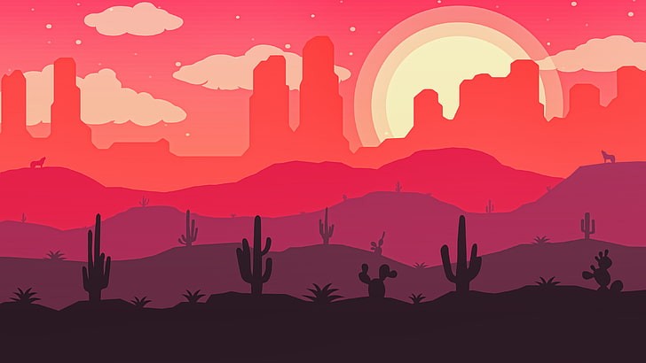 desierto, cactus, sol, lobo, vector, Fondo de pantalla HD