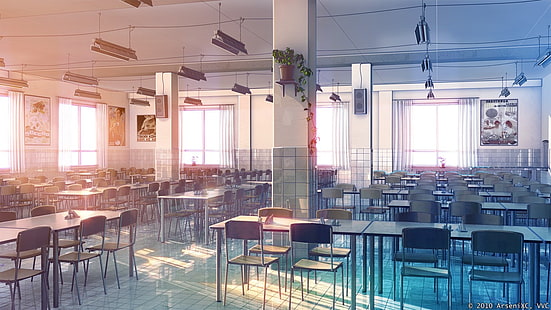 empty dining room, ArseniXC, canteens, chair, sunlight, room, table, artwork, anime, Everlasting Summer, HD wallpaper HD wallpaper